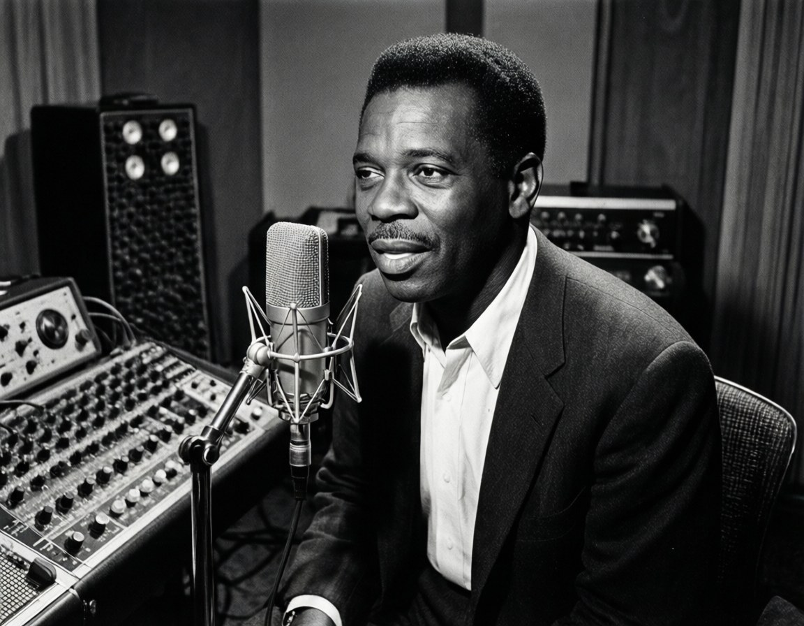 Klassisk svart-hvitt portrett av Jimmy Reed i platestudio