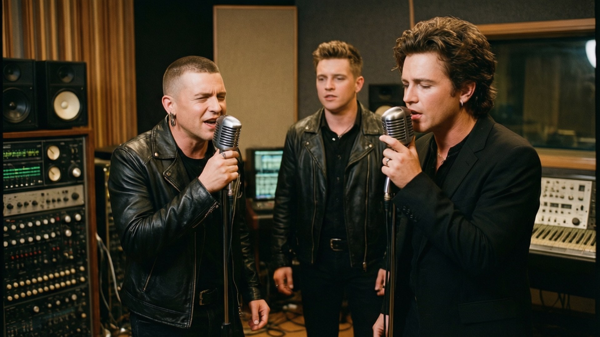 NKOTB recording in a vintage studio with microphones