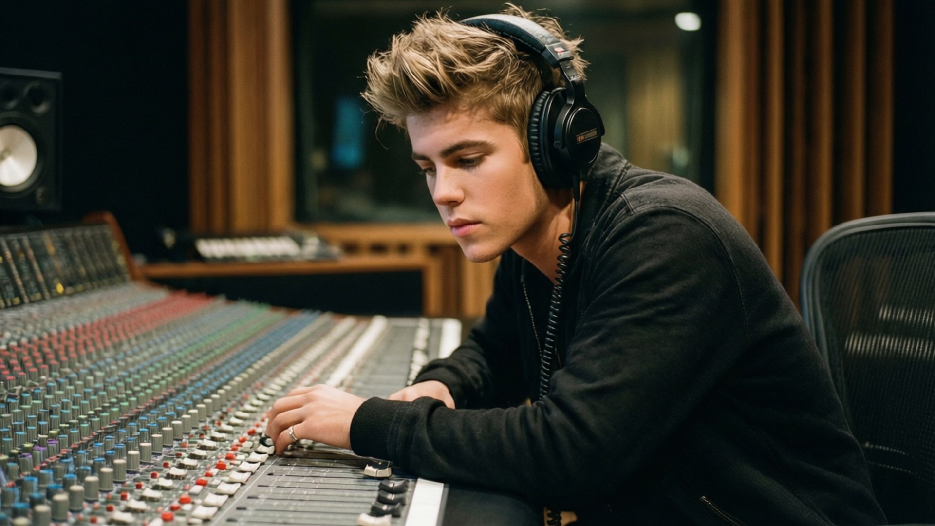 Justin Bieber äänitysstudiossa keskittyneenä musiikin tuotantoon