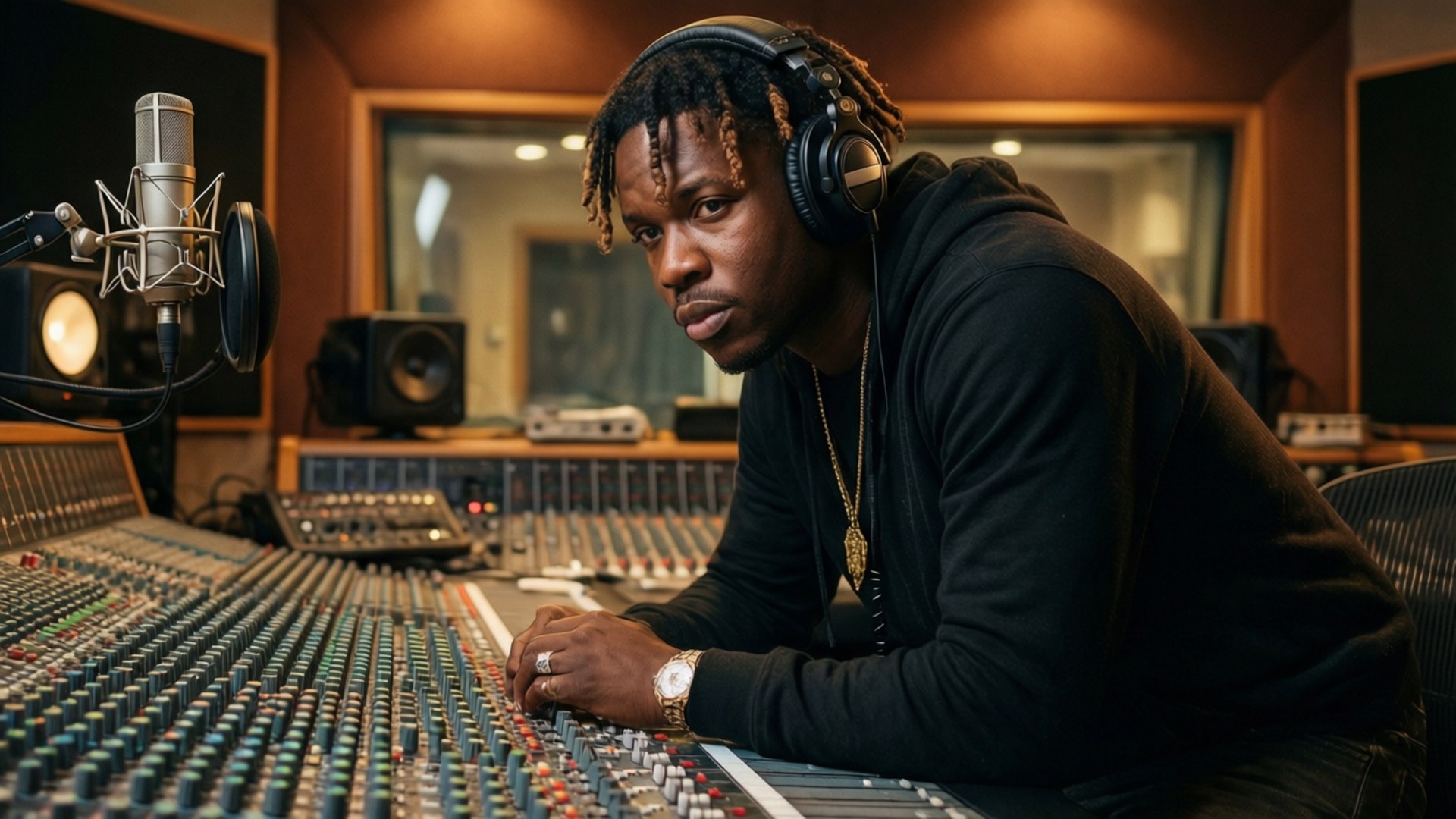 A musician in a recording studio adjusting audio controls. wallpaper