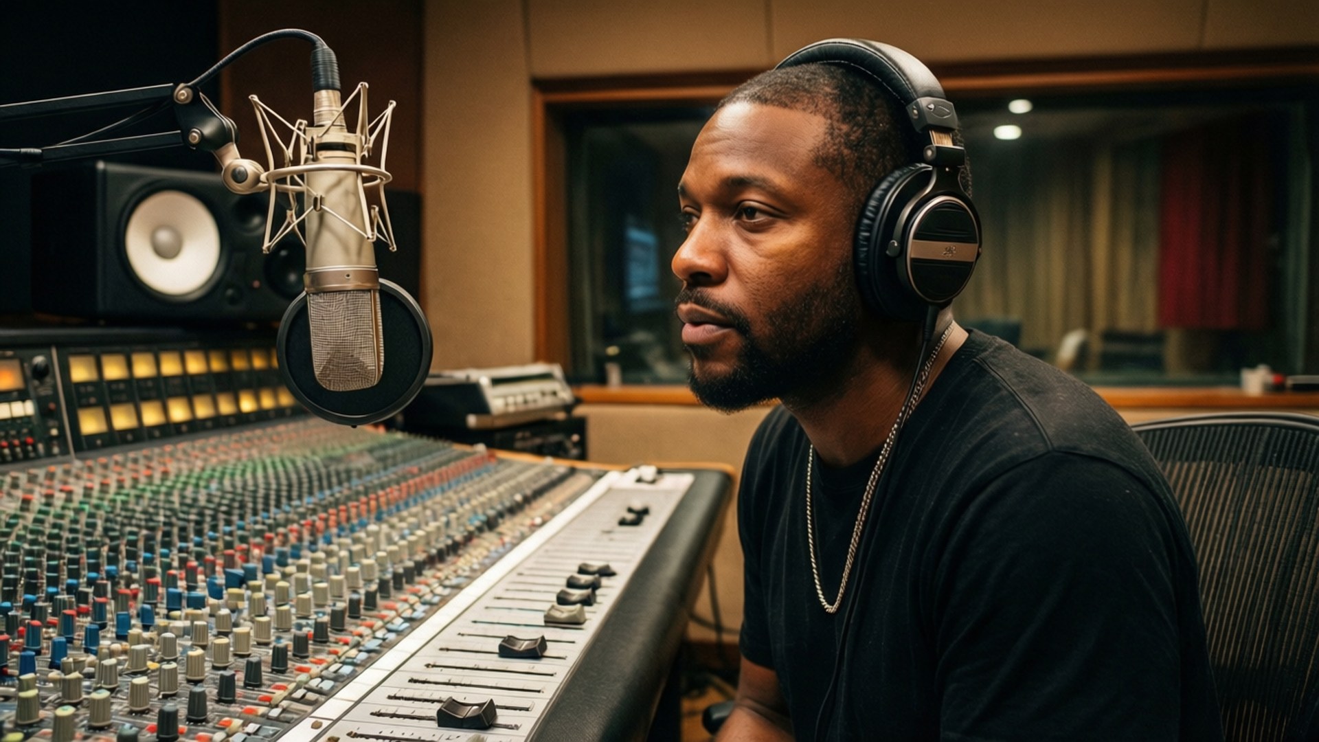 Lupe Fiasco in een opnamestudio met koptelefoon, gefocust op mixen, warme analoge sfeer.