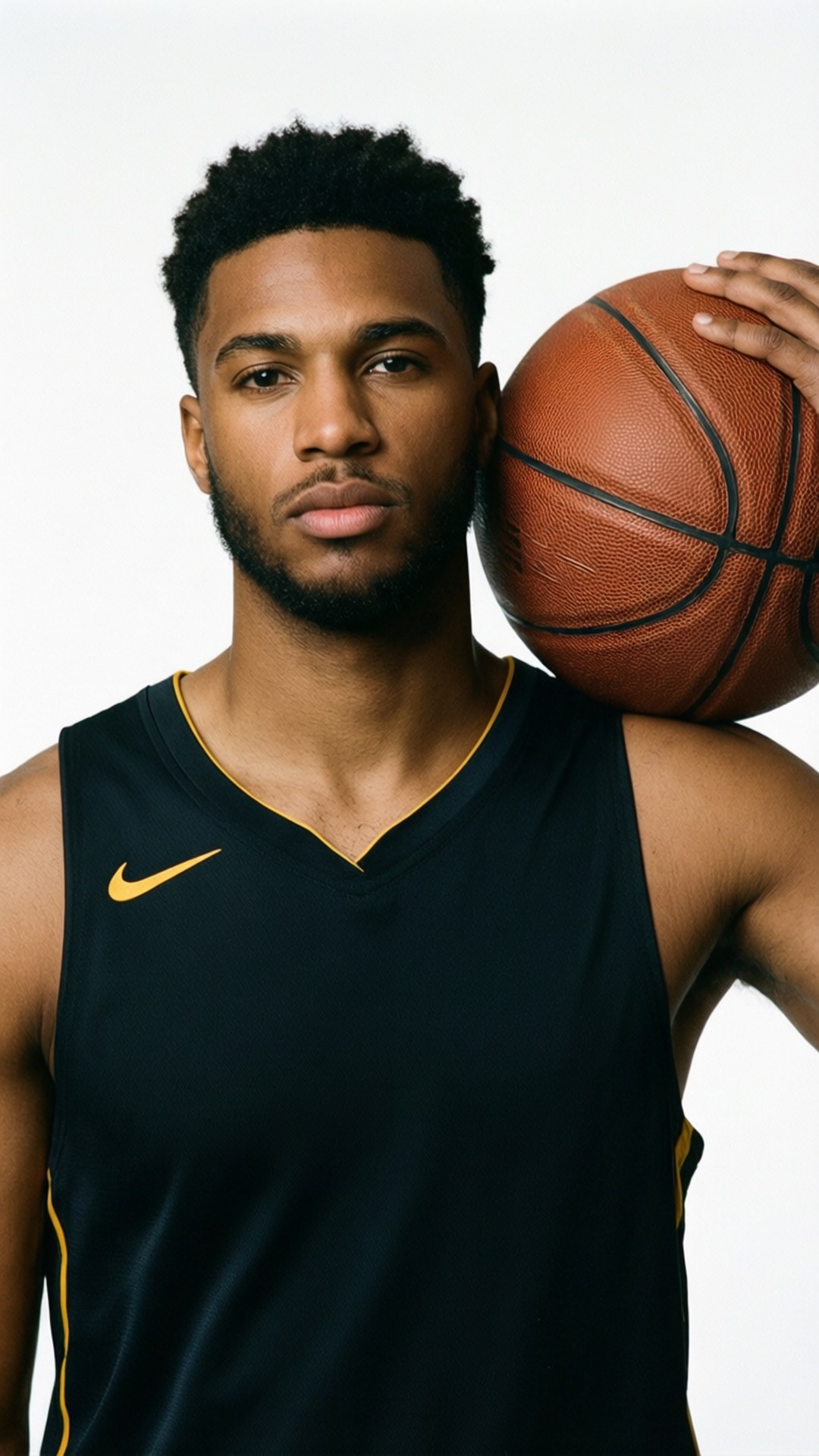 Clean studio portrait of Reed Sheppard with basketball on shoulder