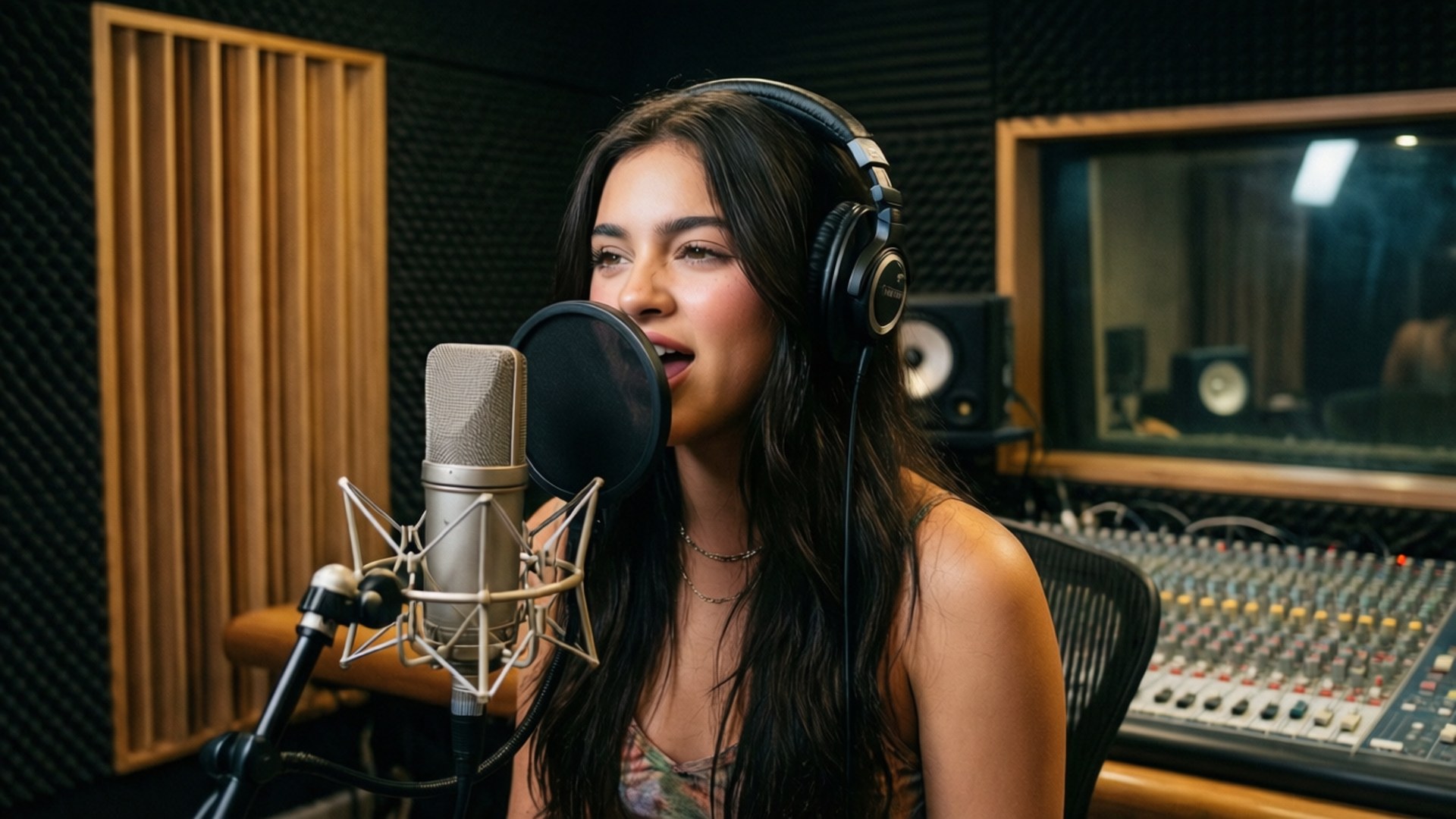 Olivia Rodrigo enregistre des voix en studio, concentrée et créative