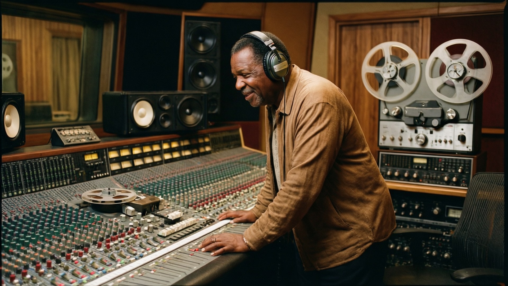 Billy Eckstine i et vintage-innspillingsstudio med hodetelefoner og miksebord