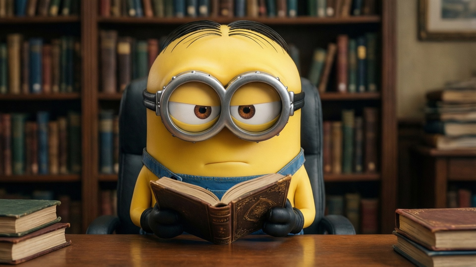 Dave the Minion reading a book in a library