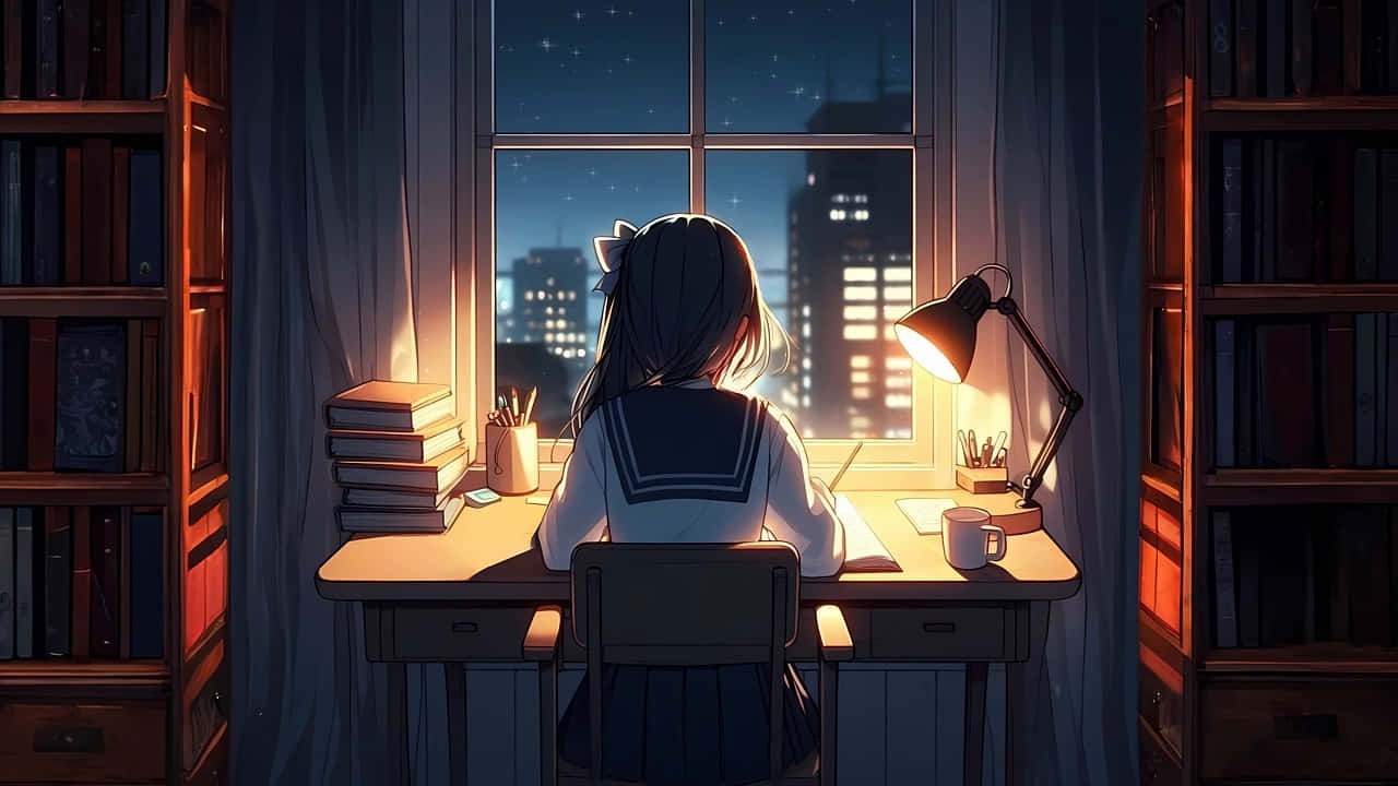 Studious Night Anime Scene Wallpaper