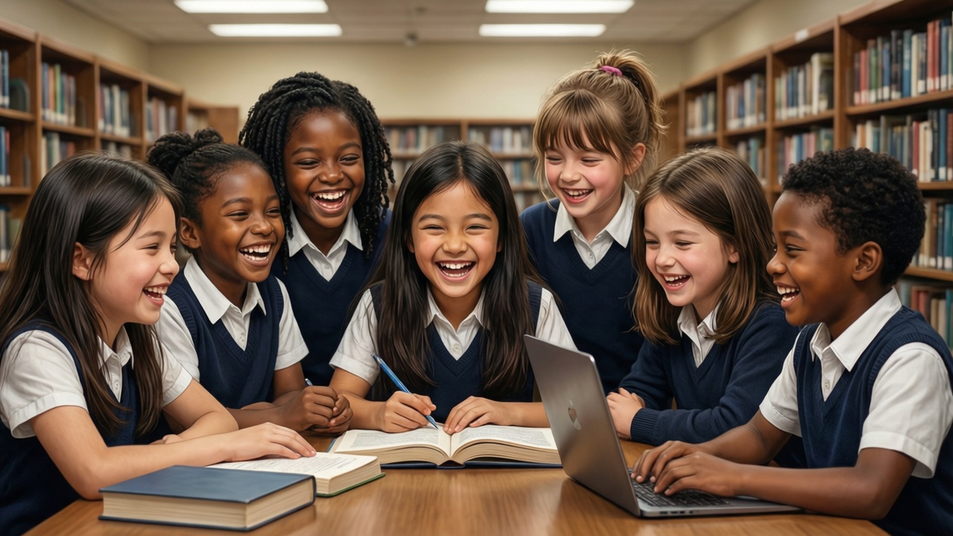 Diverse students collaborating in a library, perfect for a 5th grade wallpaper.