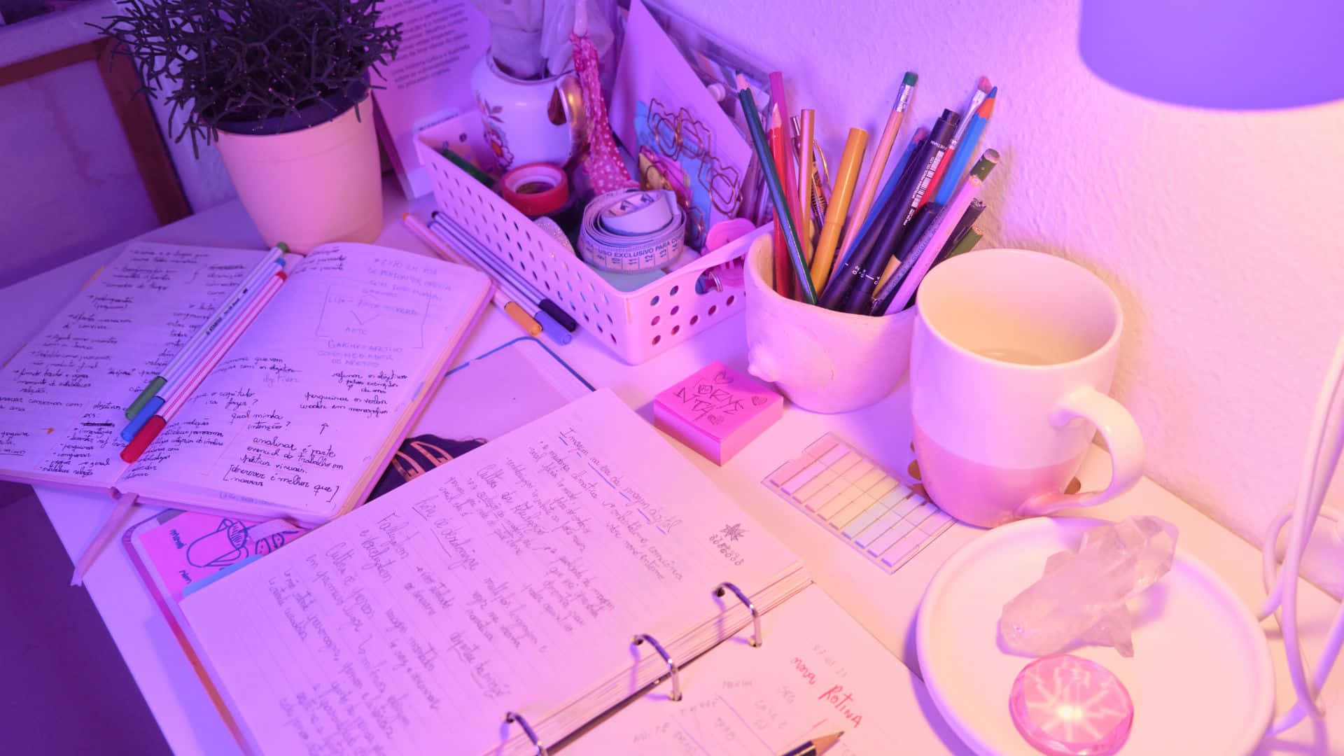 Study Desk Under Purple Light Wallpaper