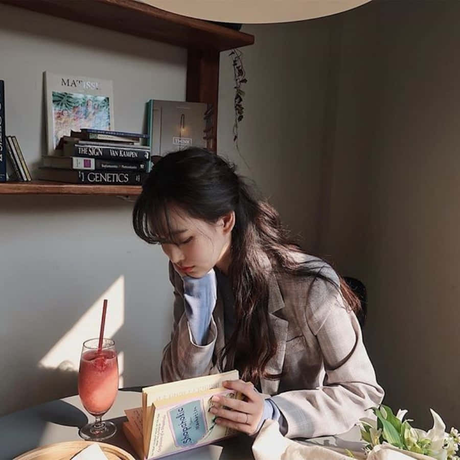 A Woman Sitting At A Table Reading A Book