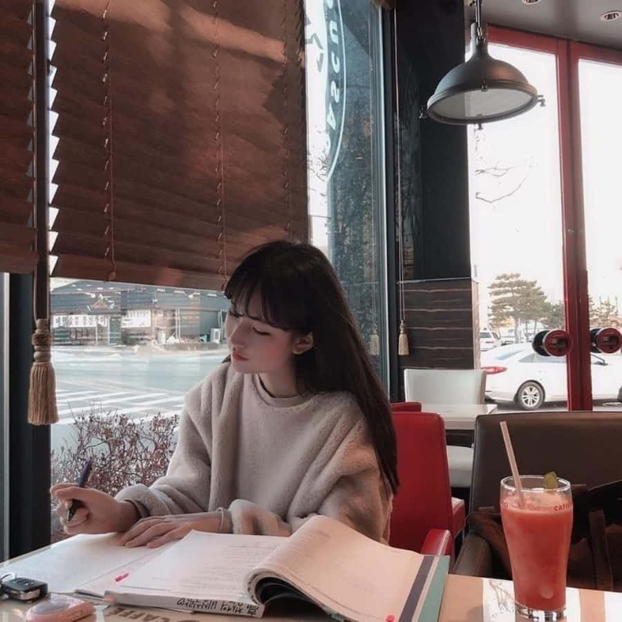A Girl Sitting At A Table With A Notebook And Drink
