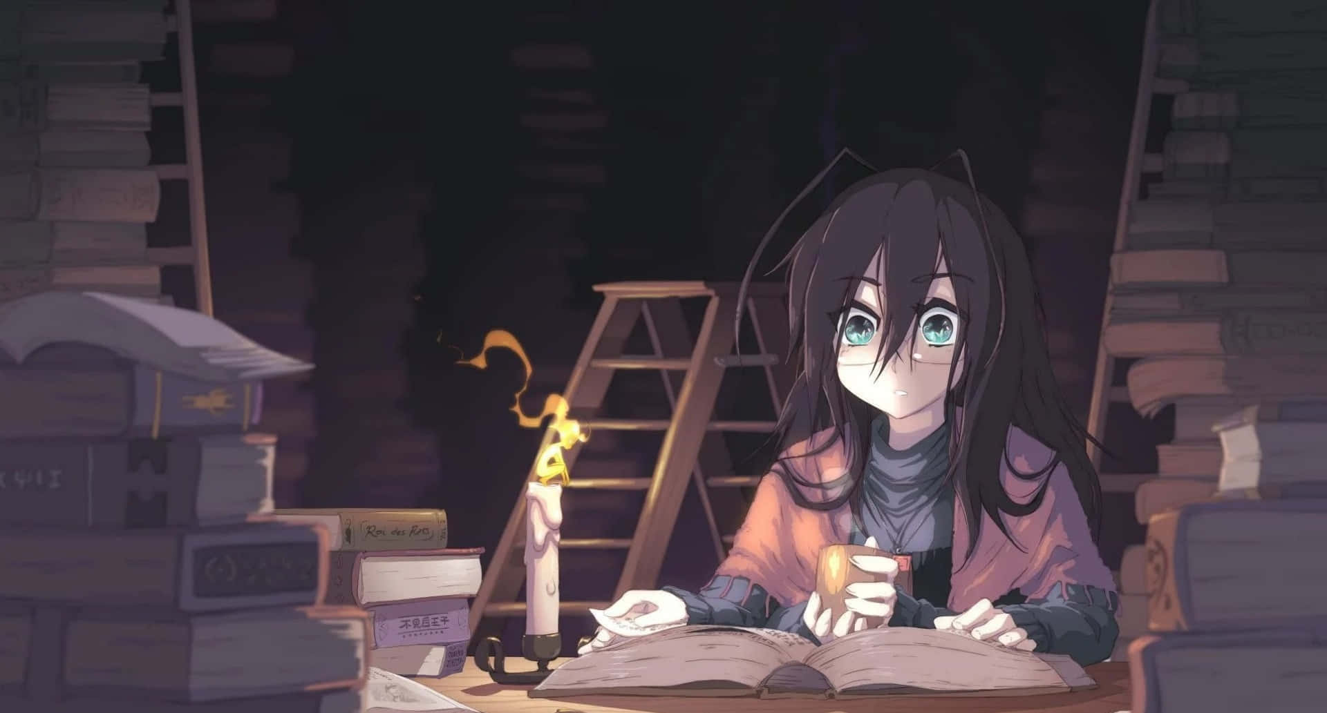 A Girl Sitting At A Table With A Book And Candles