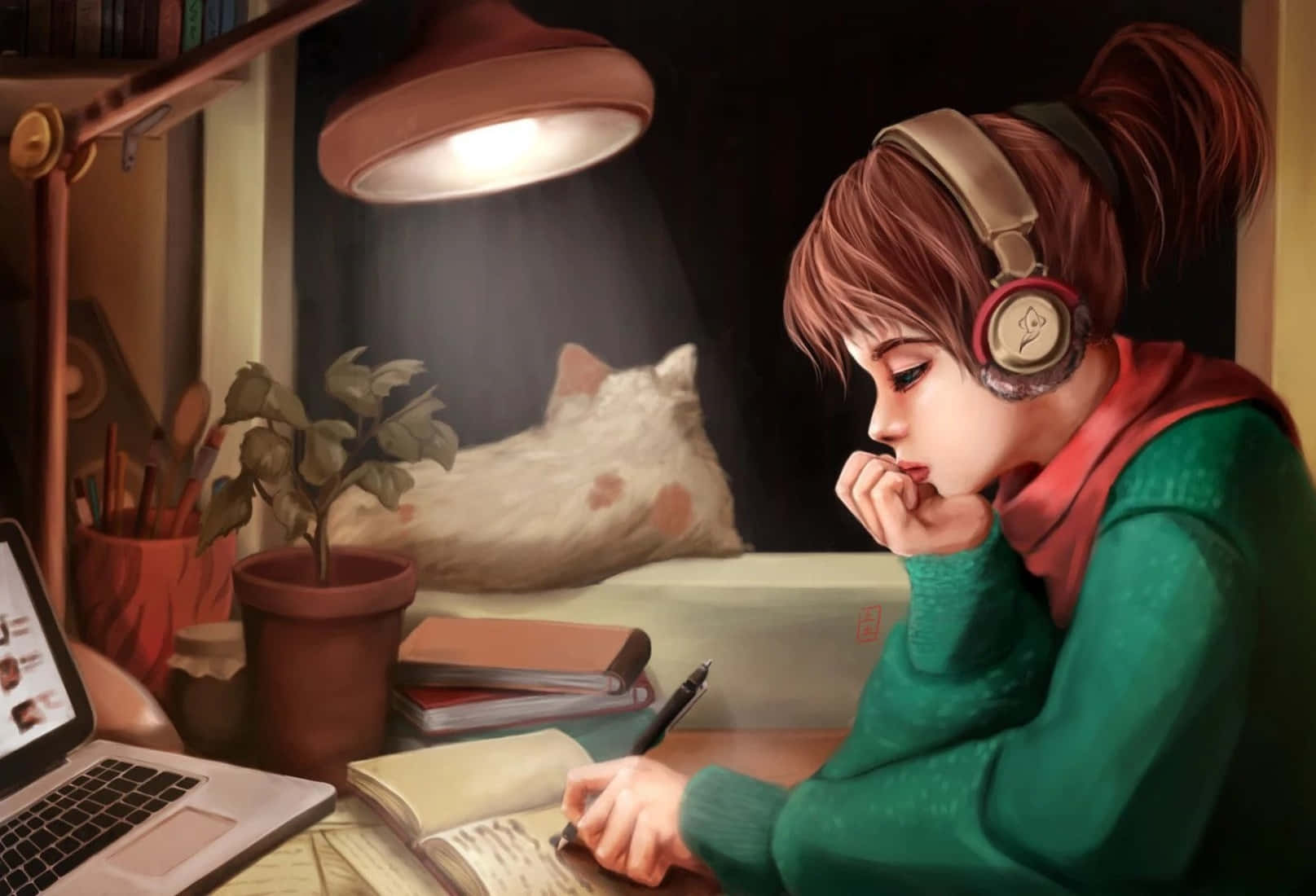 A Girl Is Sitting At A Desk With Headphones On And A Laptop