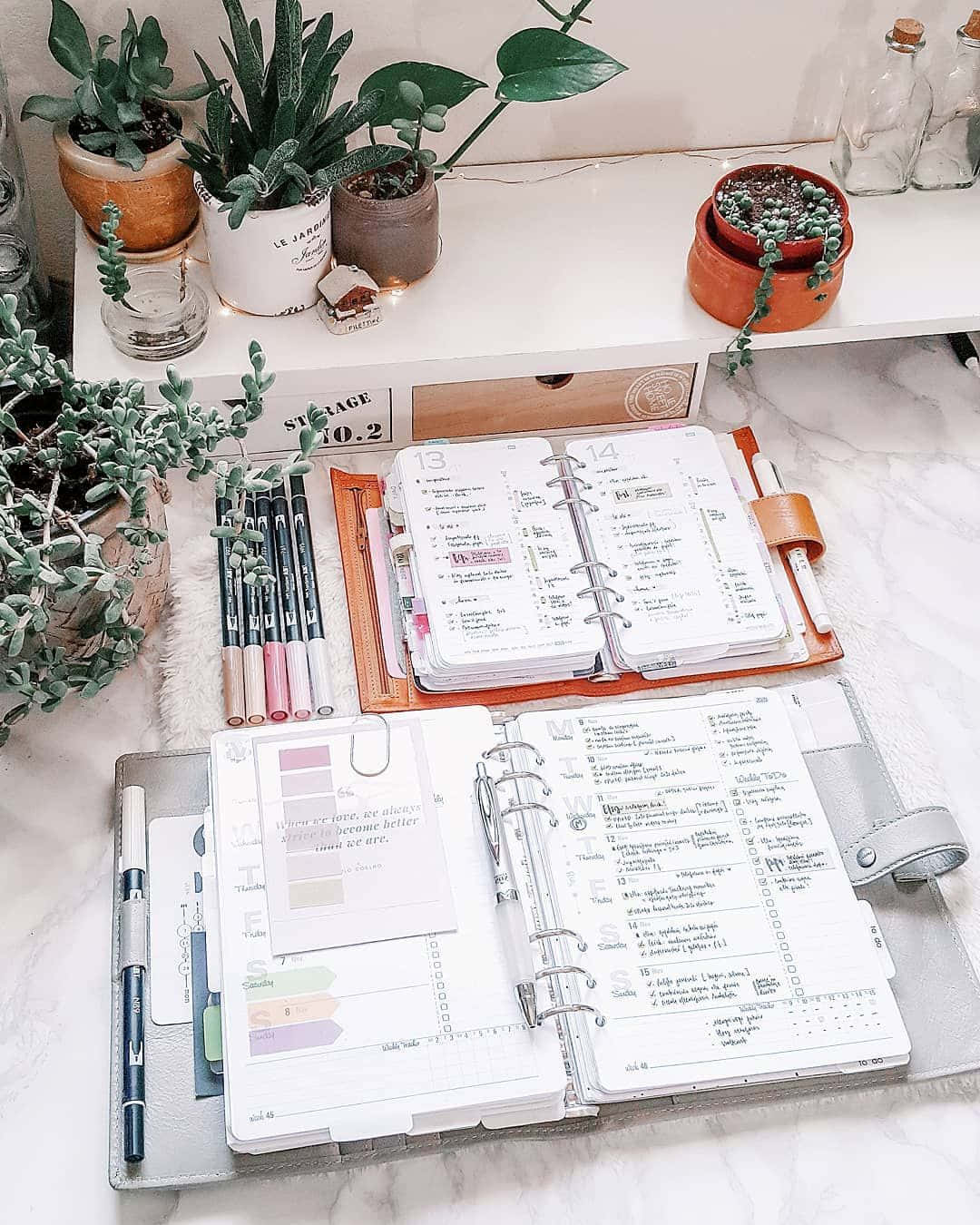 A Desk With A Planner, Planner, And A Plant