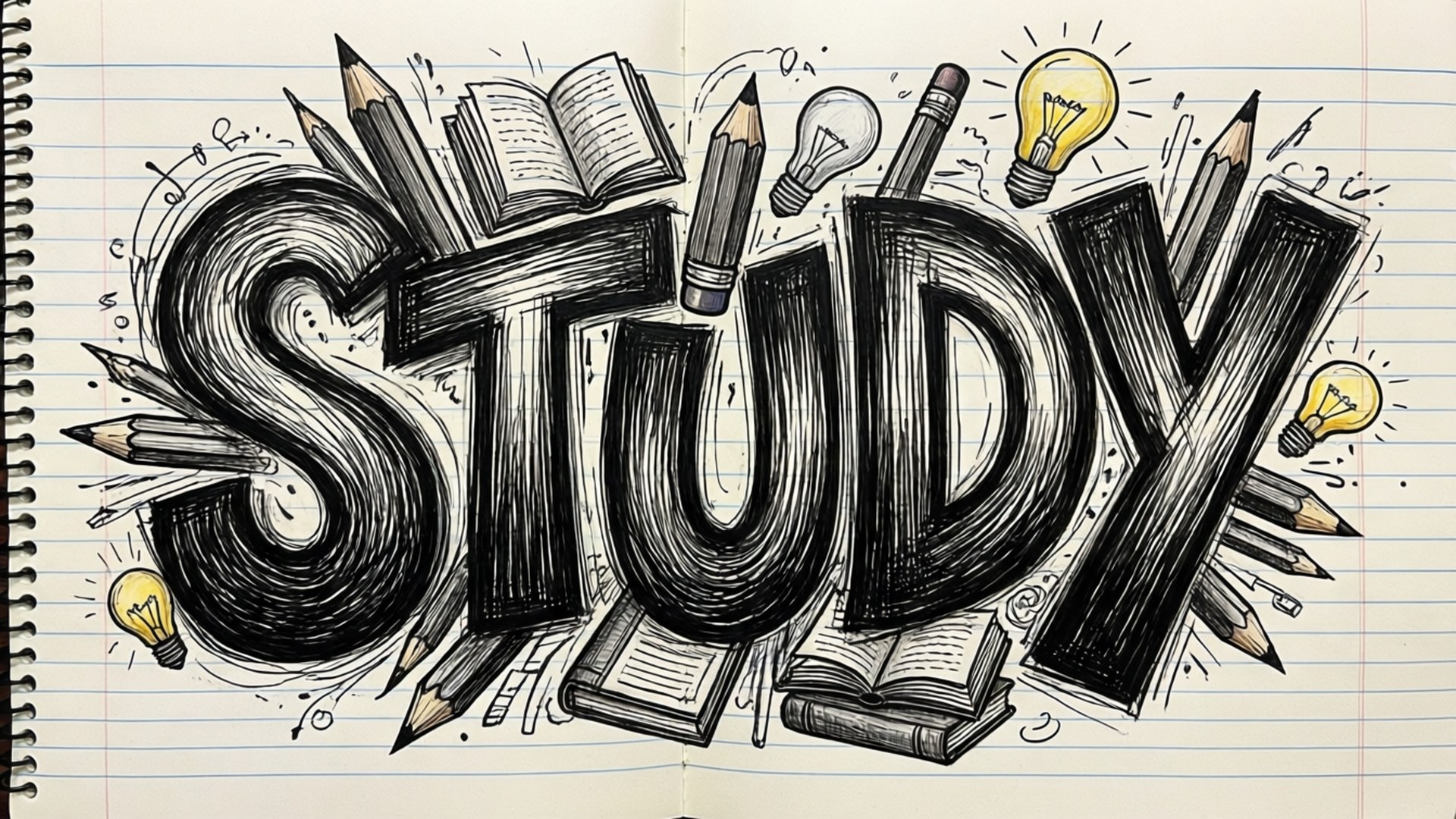 Studium Typografie Doodle Hintergrundbilder — Fette 'Study' Typografie mit Schulkritzeleien auf Notizbuchpapier.