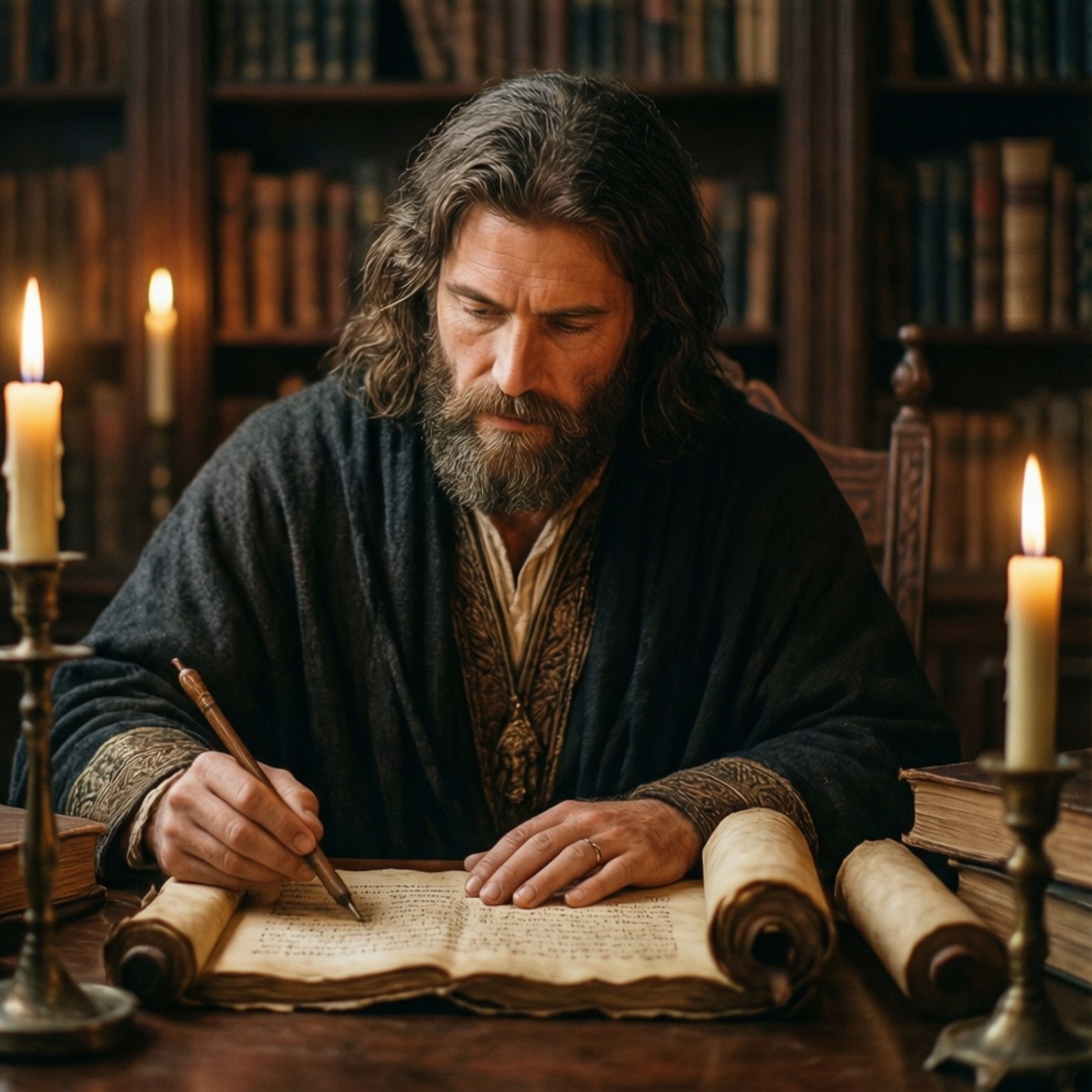 A holy man reads ancient scrolls in a library with candlelight.