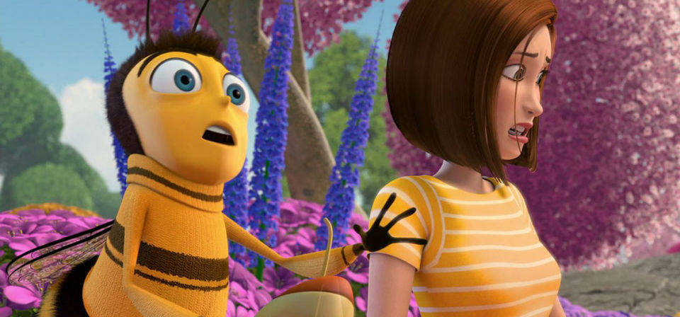 A Cartoon Bee And A Girl Standing In Front Of Flowers Wallpaper