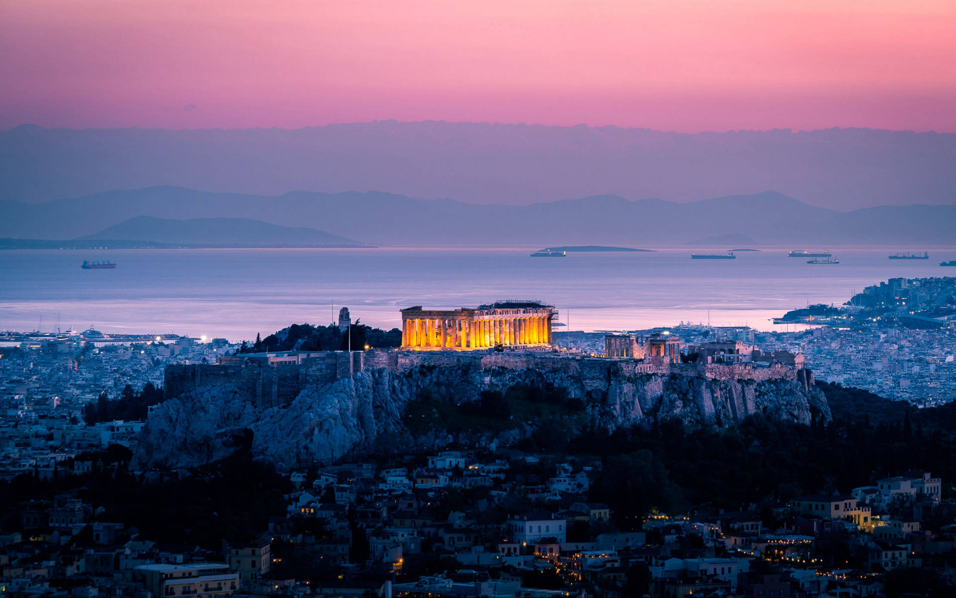 Stjernelig Athen Ruin I Solnedgang Wallpaper
