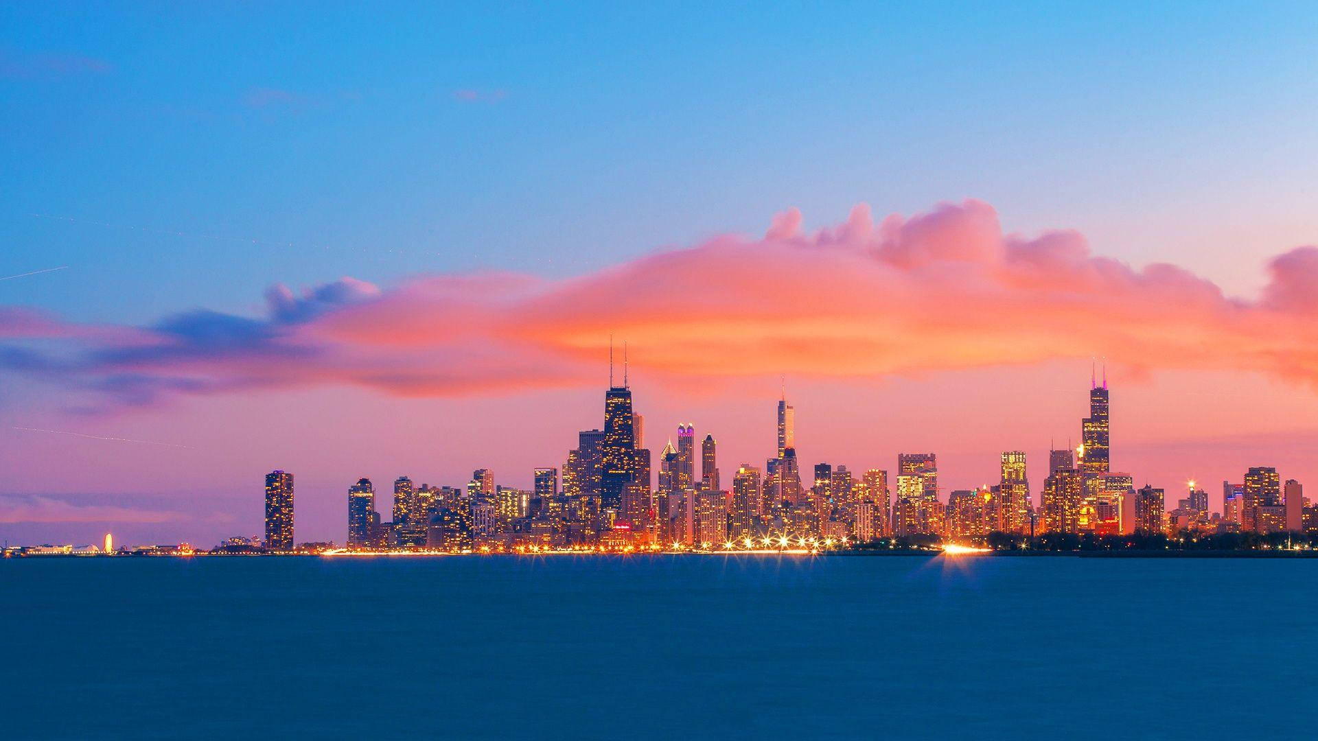 Stunning Colorful Sunset Chicago Skyline Wallpaper
