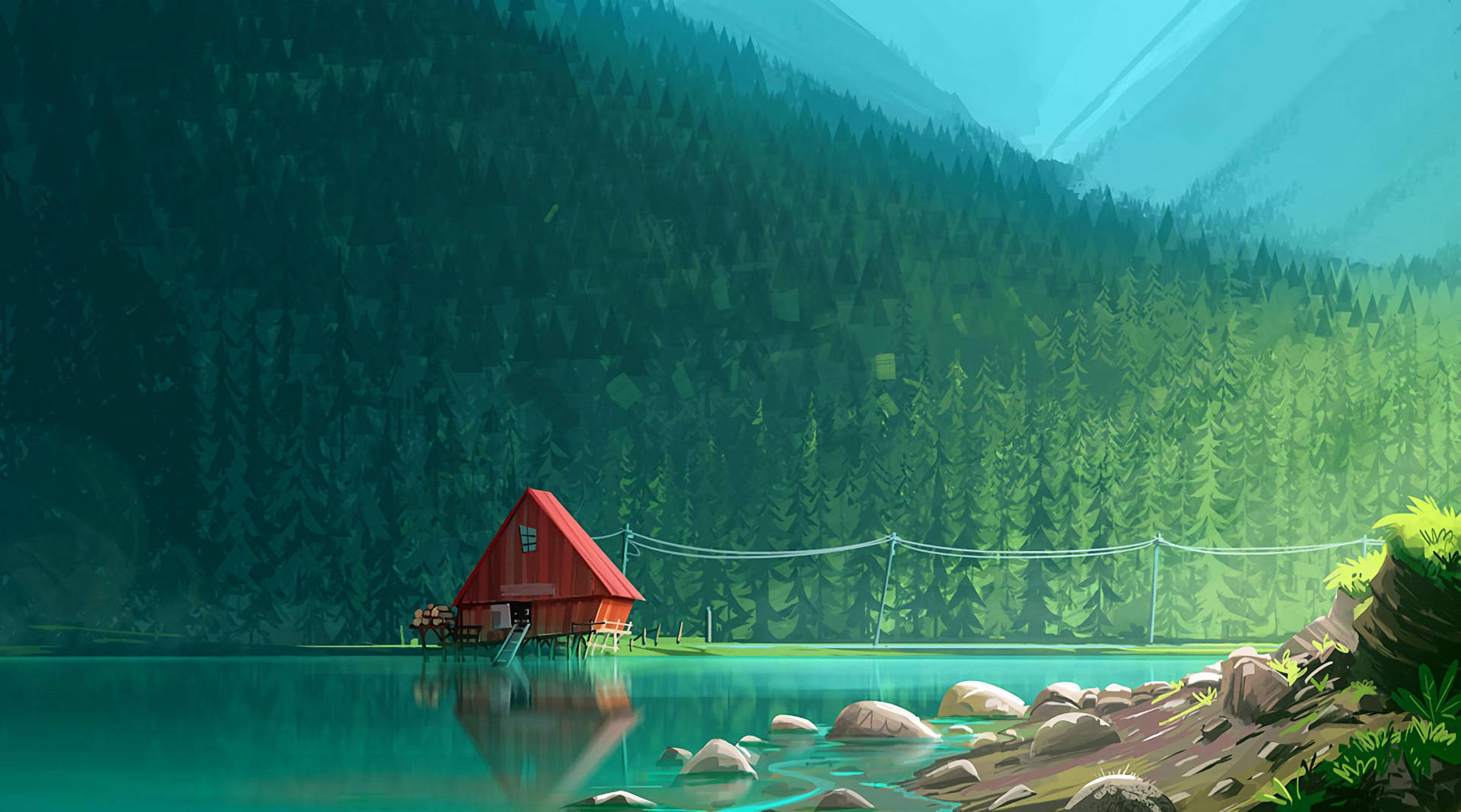 Stupendaestetica Digitale Per Sfondi Di Lago Cabin In Tinte Teal. Sfondo