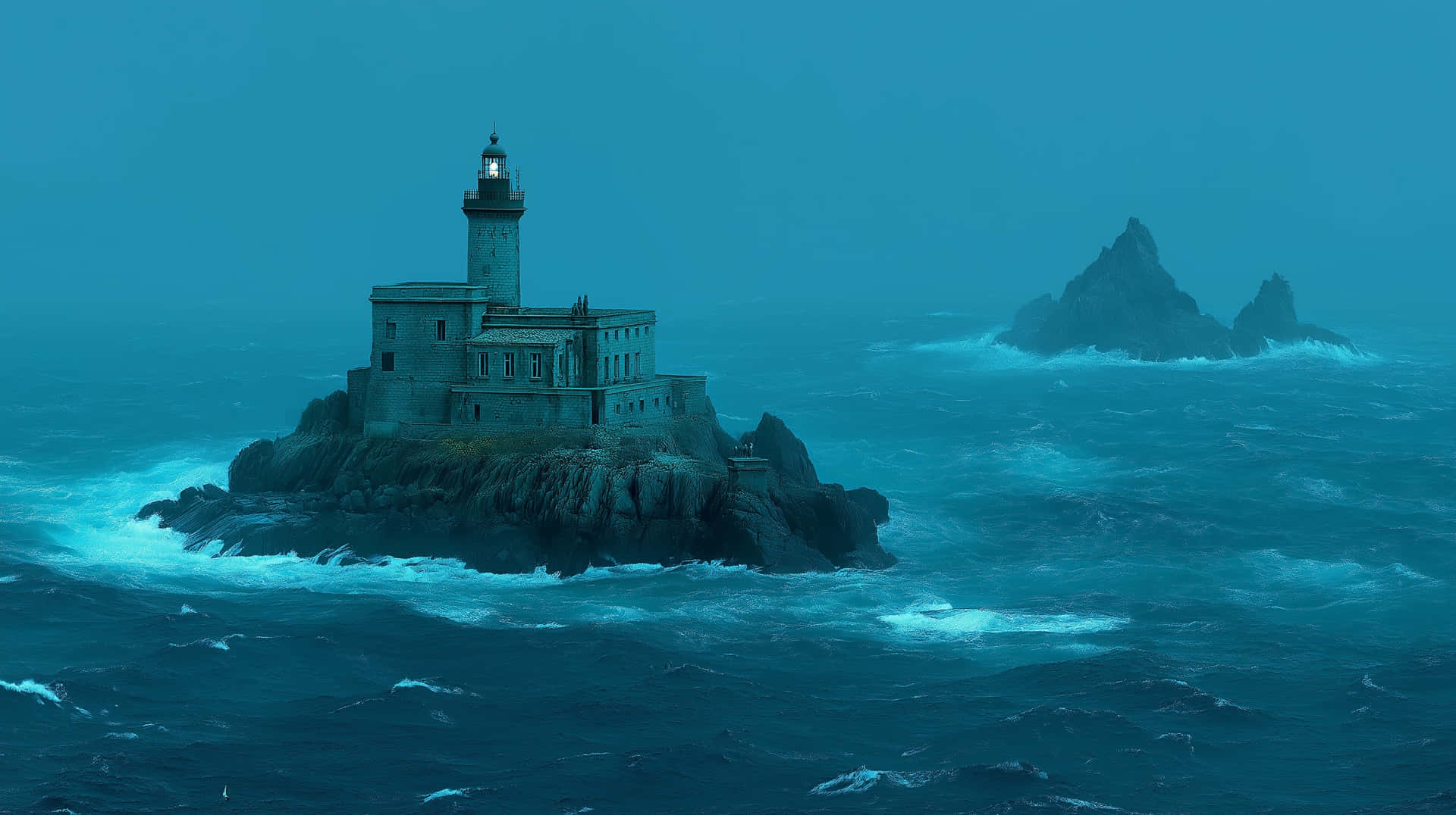Sturdy Lighthouse On Rocky Isle Amidst Raging Ocean Waves Wallpaper
