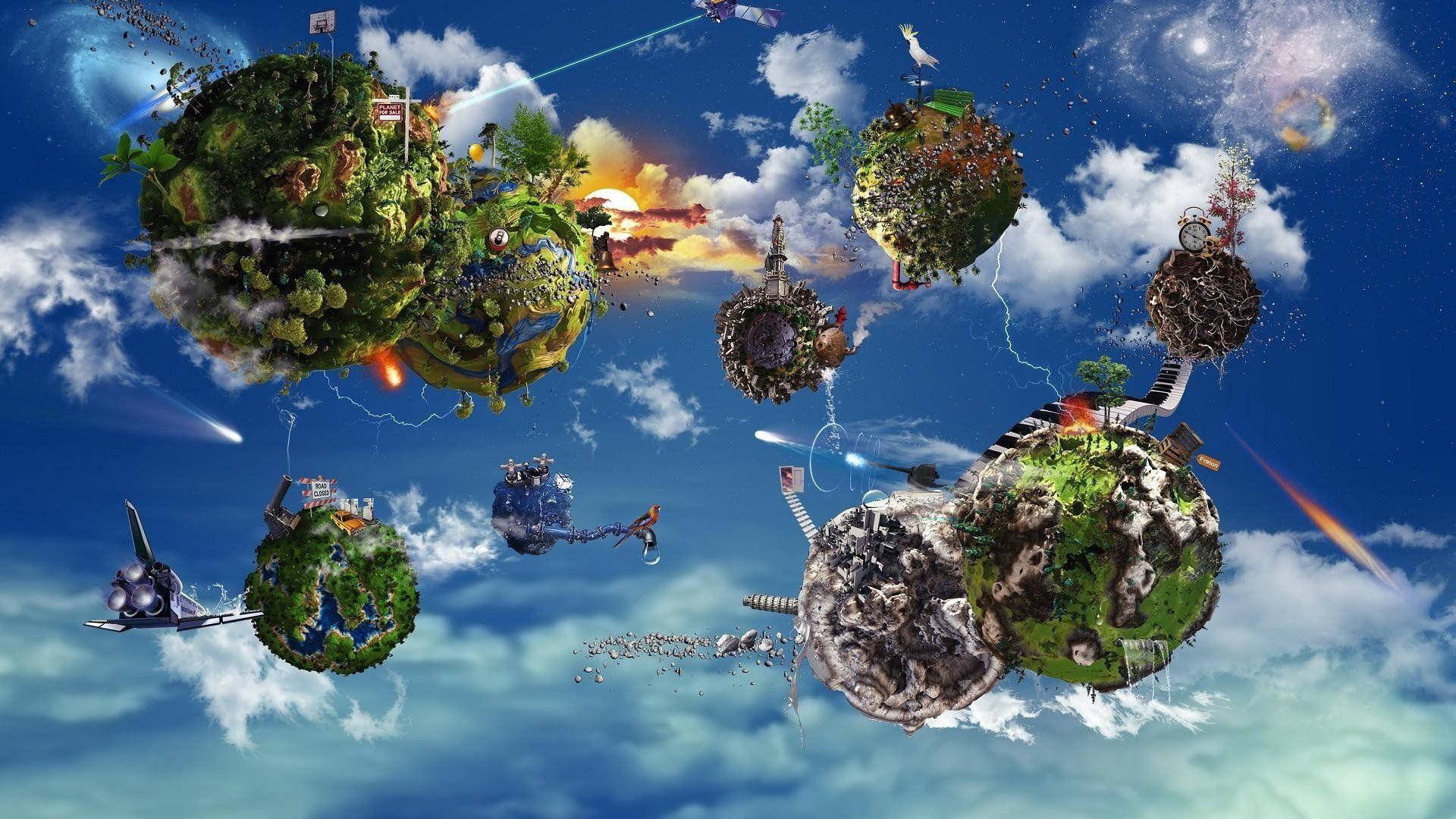 Stylised Floating Island With Machines Background