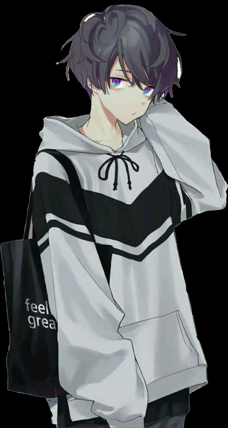 Stylish Anime Boywith Hoodieand Tote Bag PNG