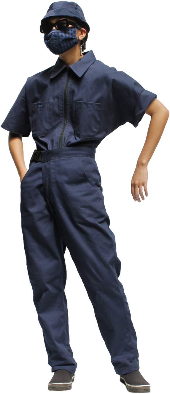 Stylish Blue Jumpsuit Pose PNG