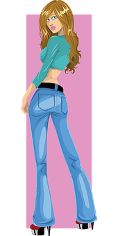 Stylish Cartoon Girlin Blue Jeans PNG