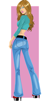 Stylish Cartoon Girlin Flared Jeans PNG