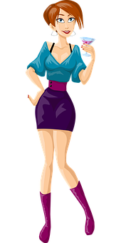 Stylish Cartoon Womanwith Cocktail PNG