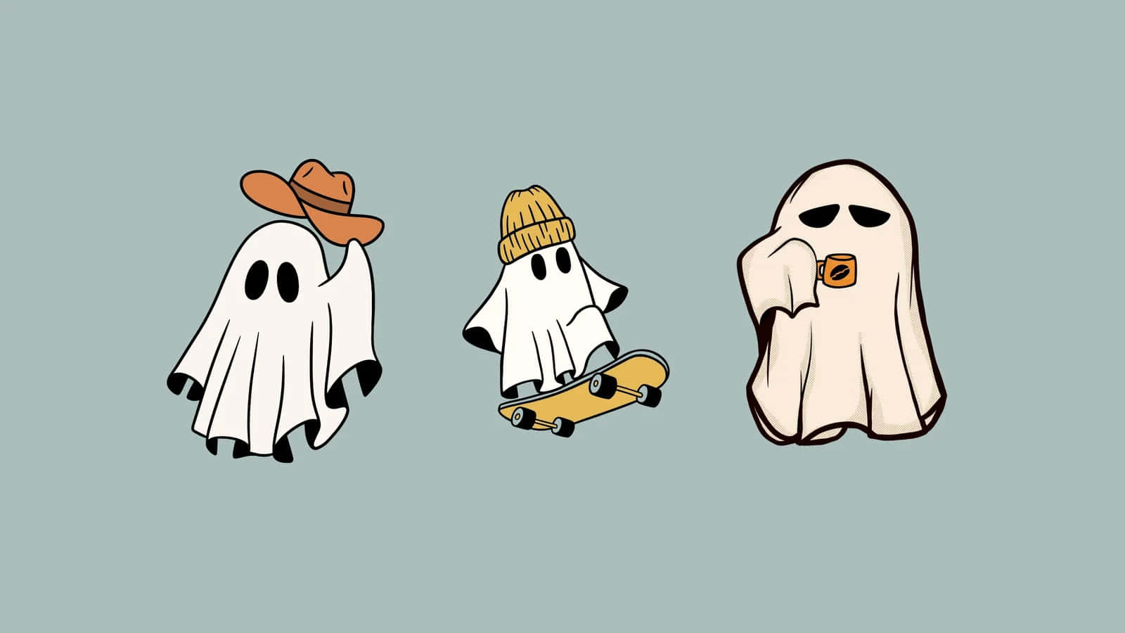 Stylish Ghost Trio Halloween Aesthetic Wallpaper