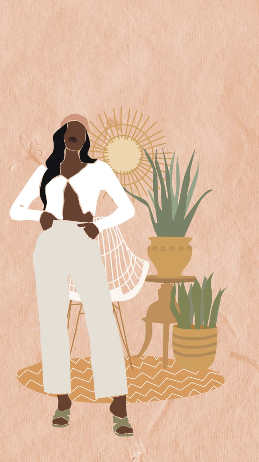 Stylish Illustration African American Woman Interior Decor Wallpaper