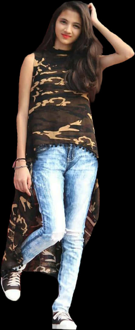 Stylish Indian Girlin Camouflage Top PNG