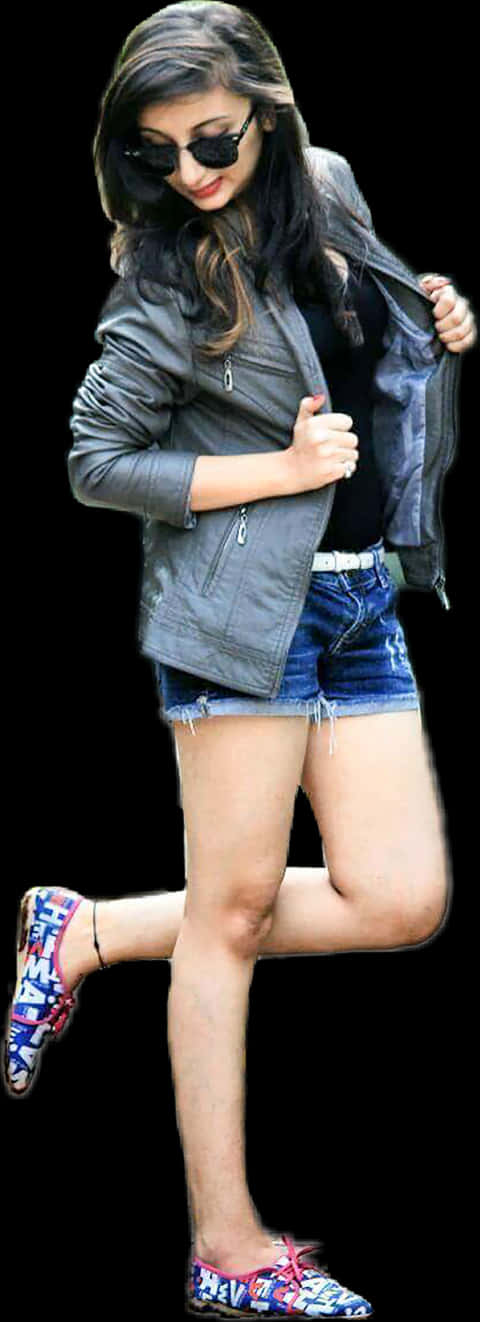 Stylish Indian Girlin Leather Jacketand Denim Shorts PNG