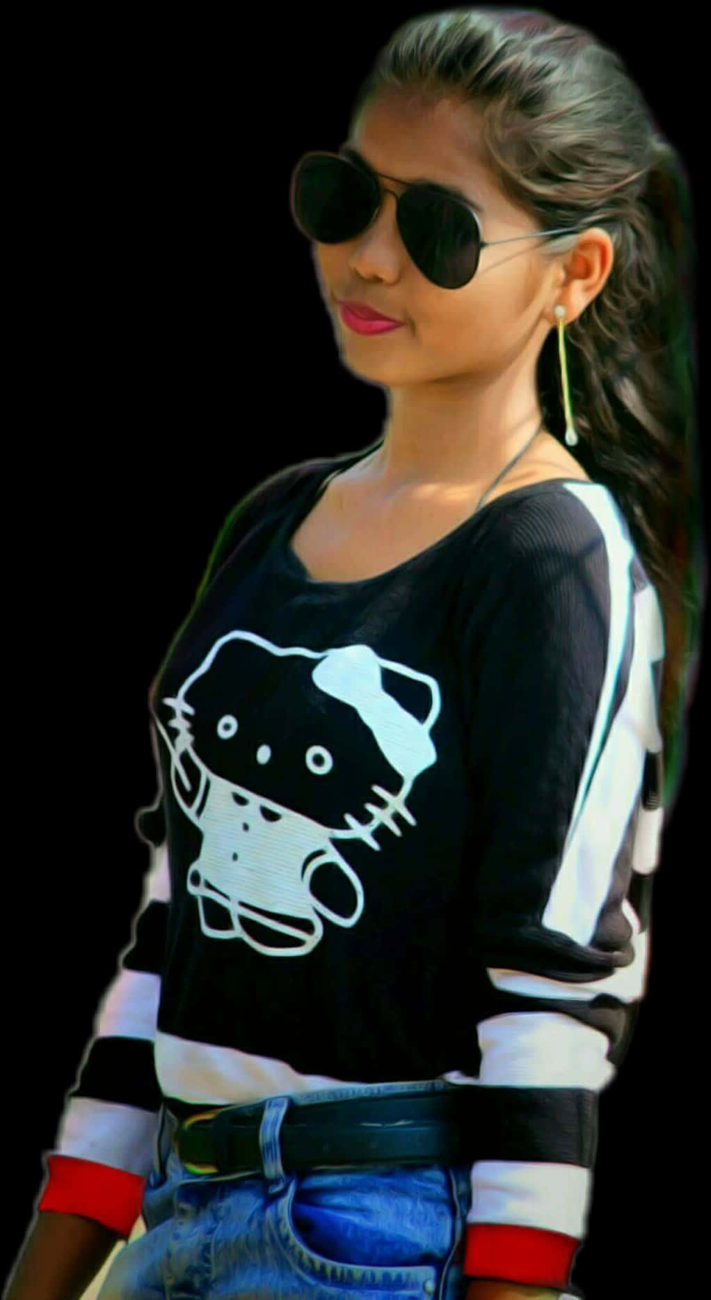 Stylish Indian Girlin Sunglassesand Hello Kitty Shirt PNG
