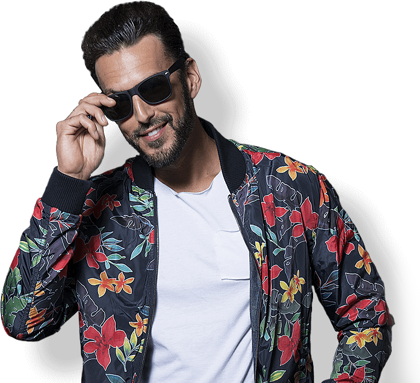 Stylish Man Floral Jacket Sunglasses PNG