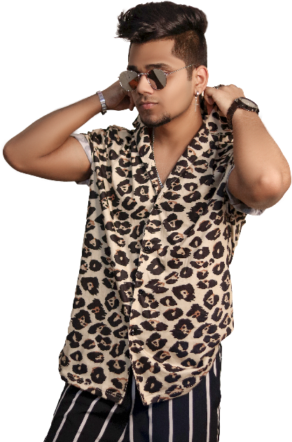 Stylish Man Leopard Print Shirt Posing PNG
