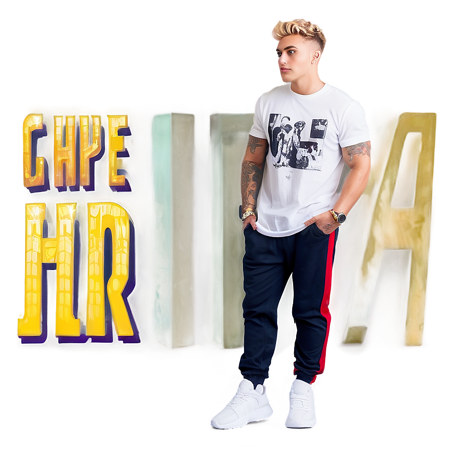 Stylish Man Posing Against Colorful Text Background PNG