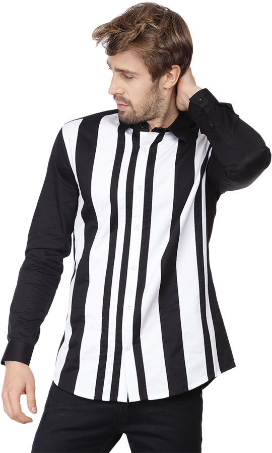 Stylish Manin Blackand White Striped Shirt PNG
