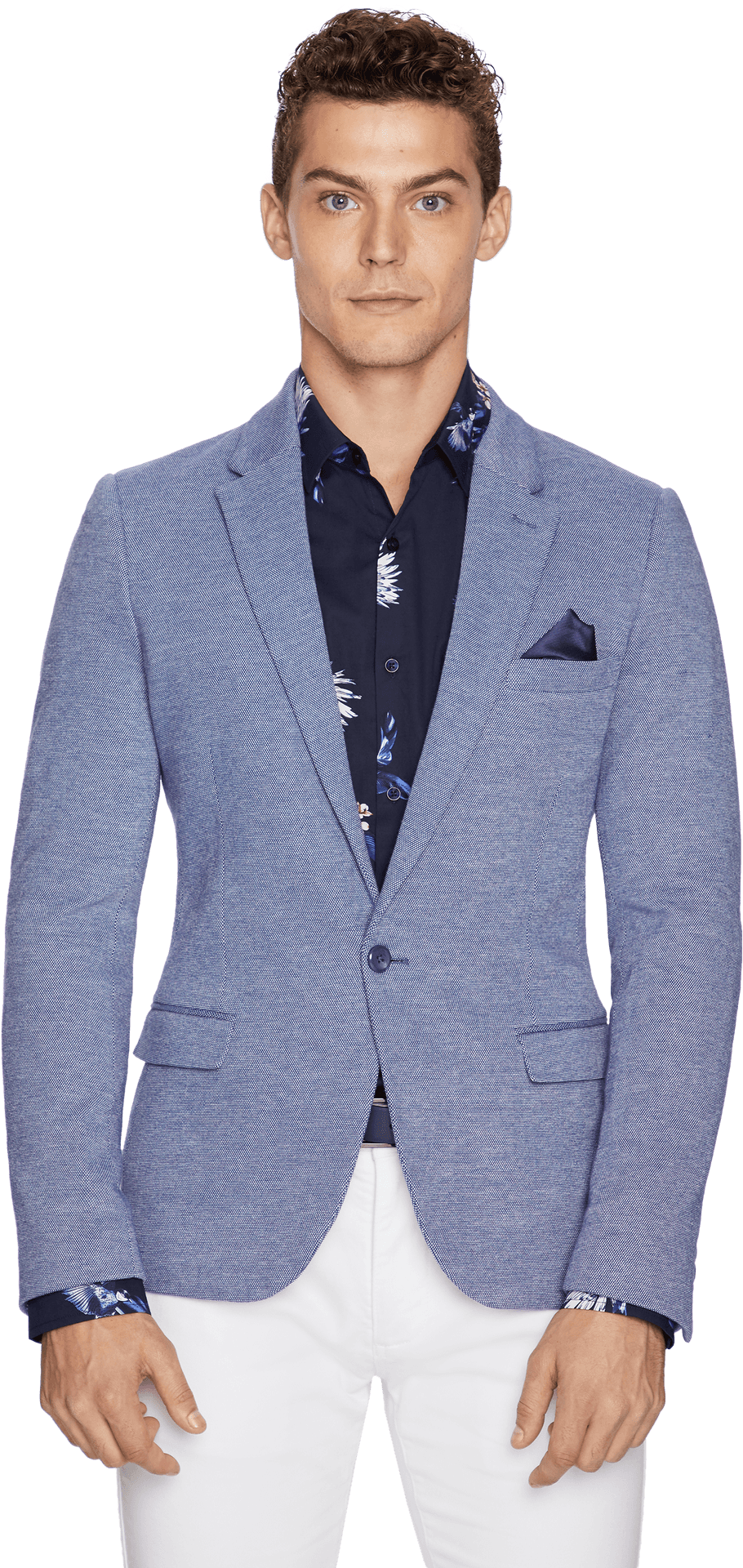 Stylish Manin Blue Blazerand Printed Shirt PNG