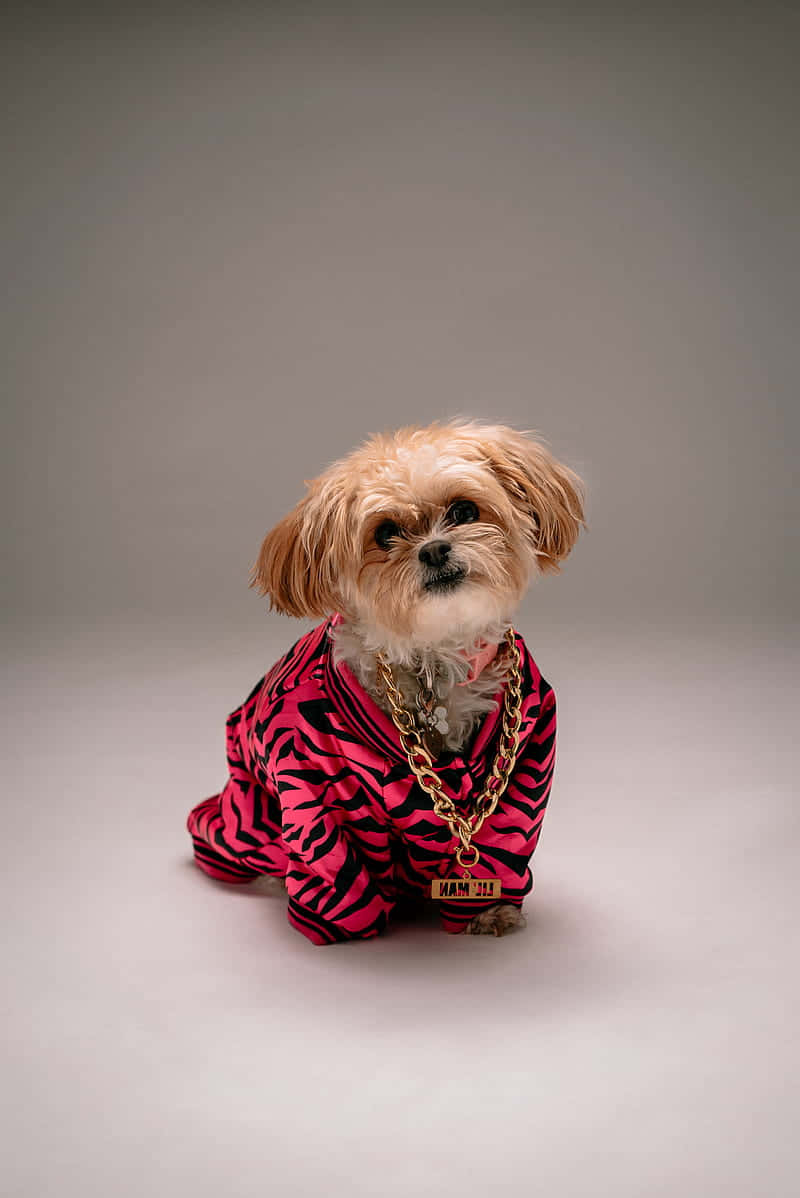 Anjing Shaggy Bergaya Dengan Jaket Pink Wallpaper