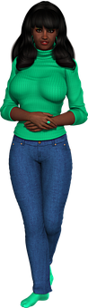 Stylish Womanin Green Sweaterand Jeans PNG