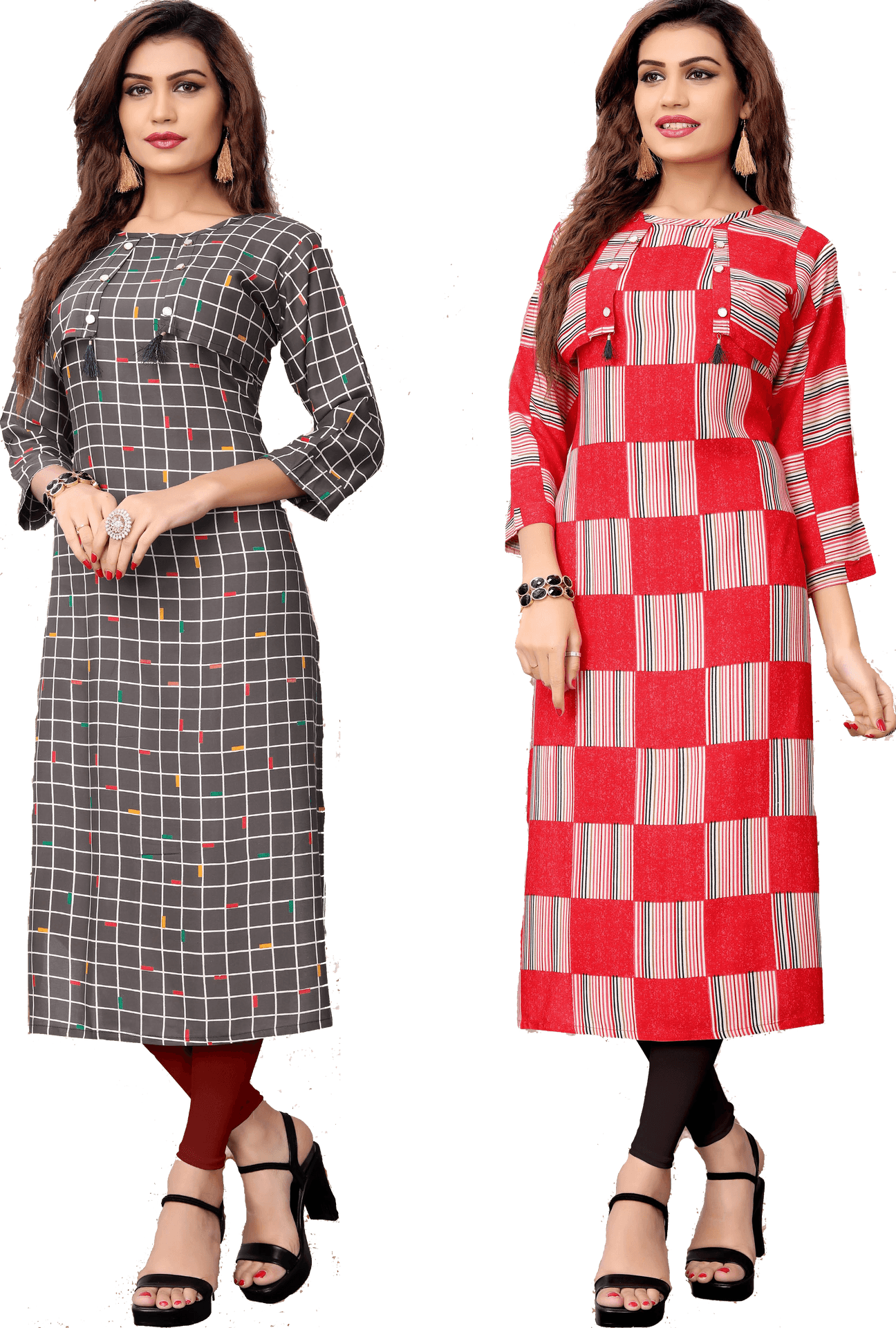 Stylish Womenin Plaid Kurtis PNG