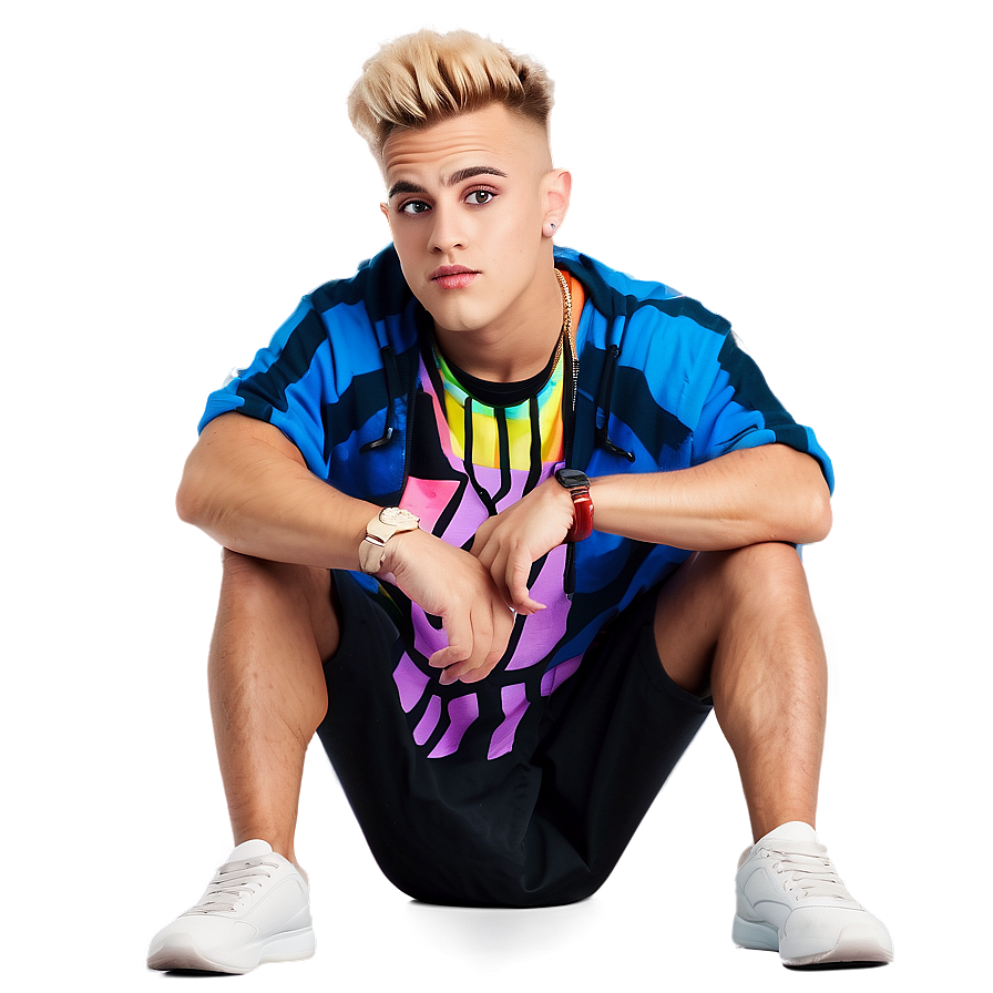 Stylish Young Man Crouchingin Colorful Outfit PNG