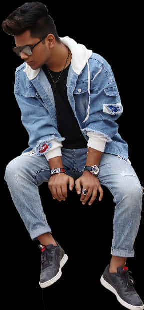 Stylish Young Man Sitting Denim Outfit PNG