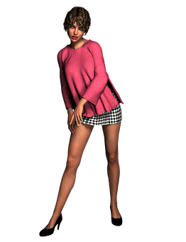 Stylish3 D Modelin Pink Sweaterand Plaid Skirt PNG