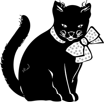 Stylized Black Catwith Polka Dot Bow PNG