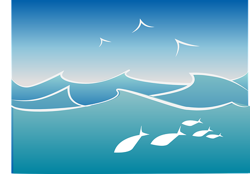 Stylized Ocean Wavesand Fish Illustration PNG