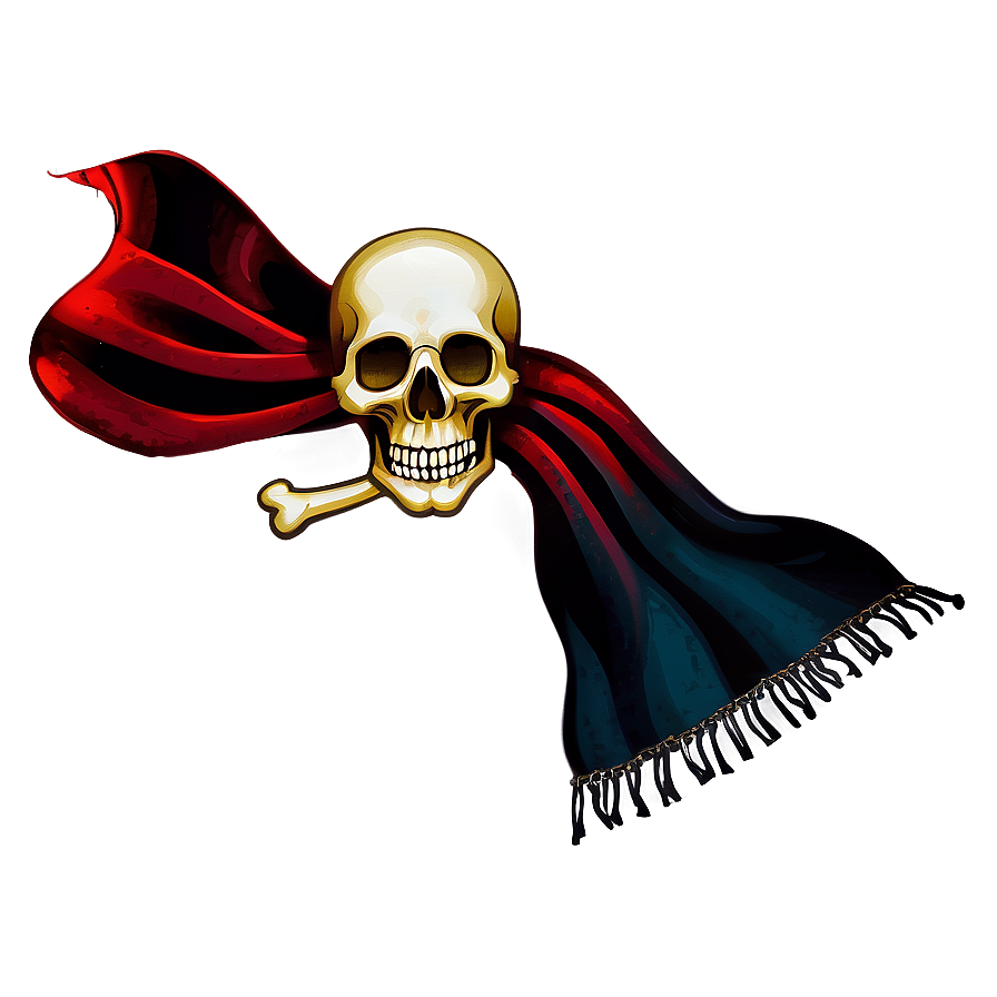 Stylized Skulland Crossbones Pirate Flag PNG — A golden skull and crossbones emblem draped in a flowing red and black cape with fringes against a dark gradient background.
