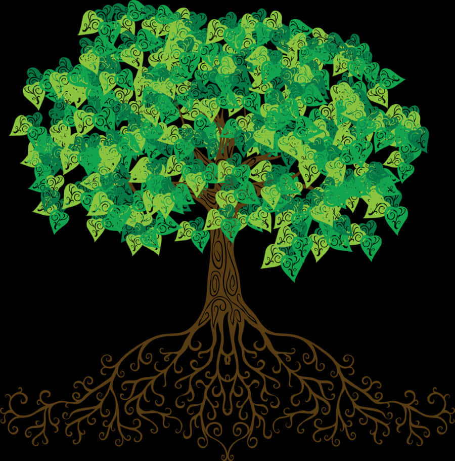 Stylized Treewith Elaborate Rootsand Green Leaves PNG